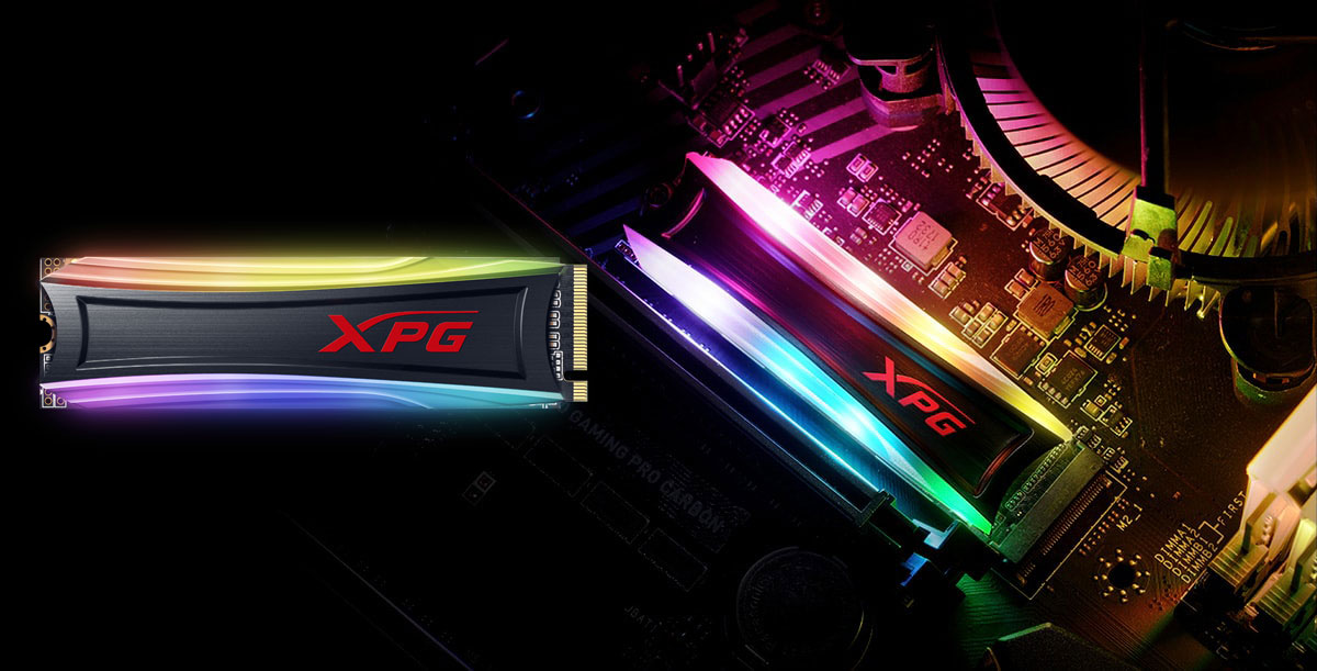 A SPECTRIX S40G on the left, and a SPECTRIX S40G installed on the motherboard, both with RGB lighting turned on.